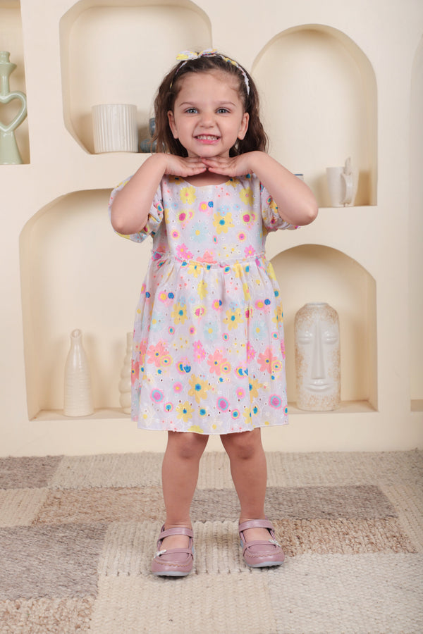 Polka Tots Half sleeve Floral print Frock with Headband - Multicolor