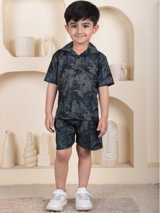 Polka Tots Half Sleeves Tropical print co-ord set - Black