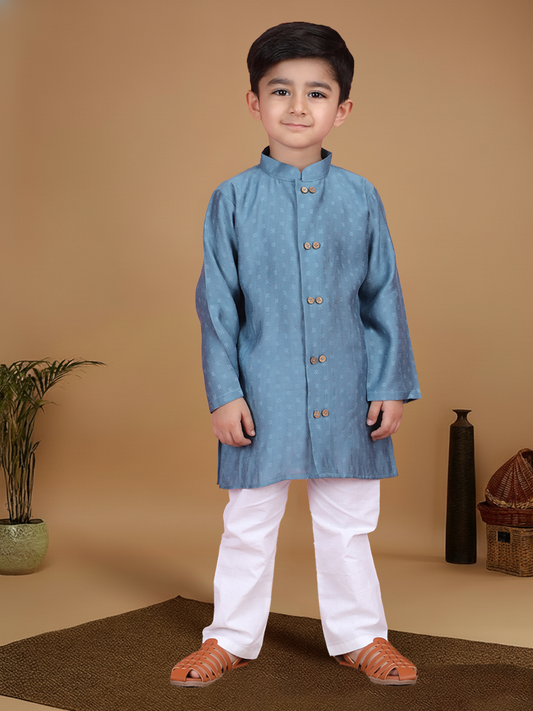 Polka Tots Full Sleeve Boys Geometric Buta Weave Ethnic Kurta Pyjama Set with Wooden Buttons - Blue