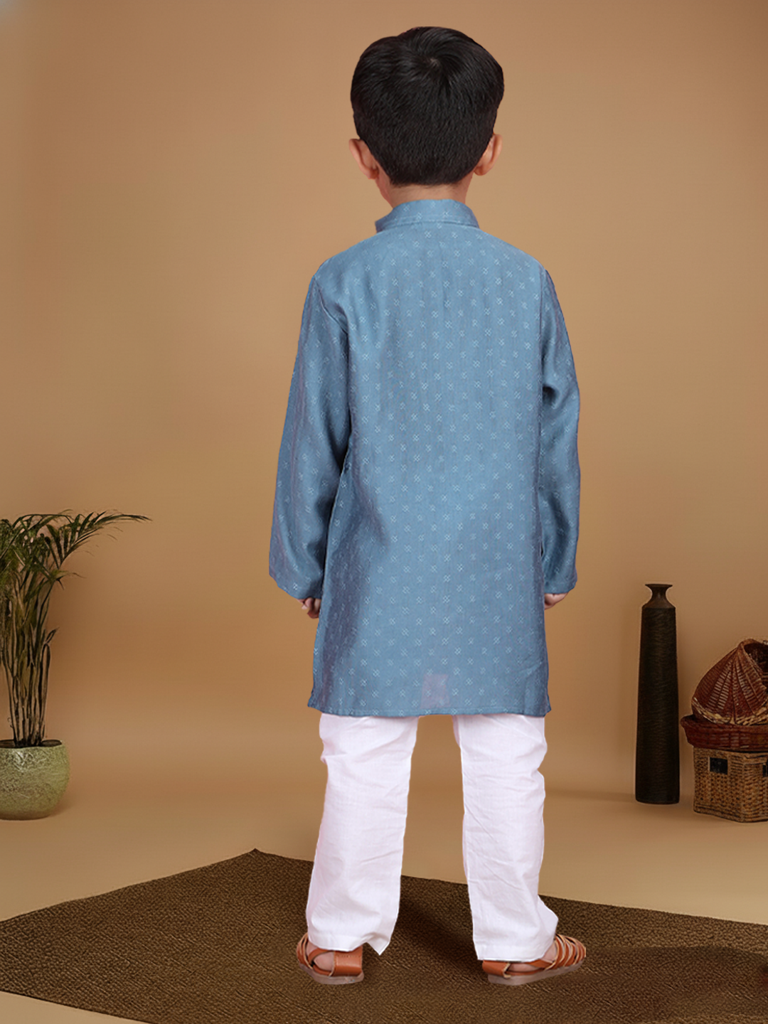 Polka Tots Full Sleeve Boys Geometric Buta Weave Ethnic Kurta Pyjama Set with Wooden Buttons - Blue