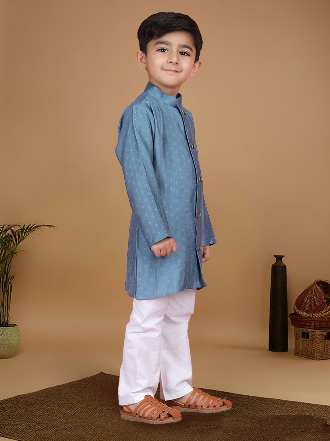Polka Tots Full Sleeve Boys Geometric Buta Weave Ethnic Kurta Pyjama Set with Wooden Buttons - Blue