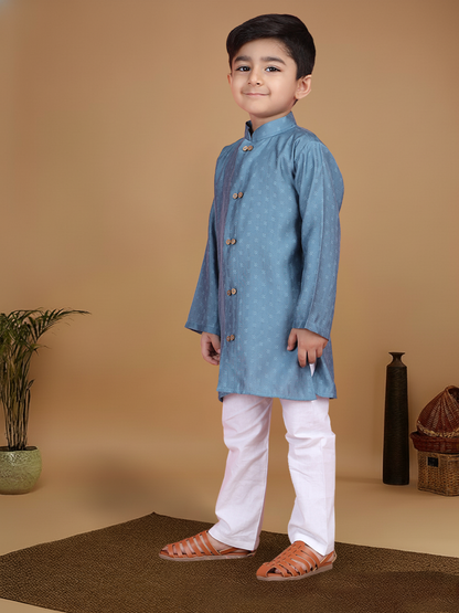Polka Tots Full Sleeve Boys Geometric Buta Weave Ethnic Kurta Pyjama Set with Wooden Buttons - Blue