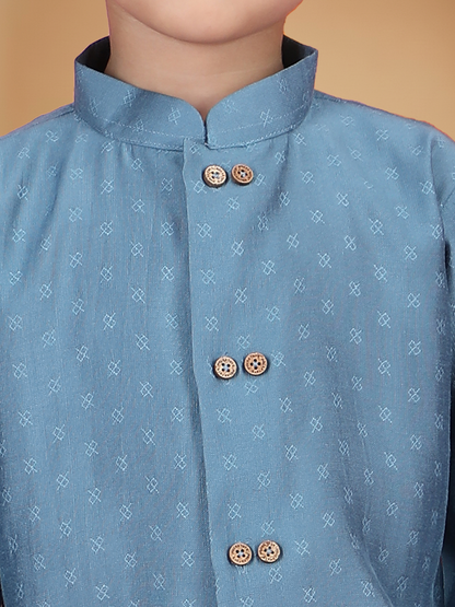 Polka Tots Full Sleeve Boys Geometric Buta Weave Ethnic Kurta Pyjama Set with Wooden Buttons - Blue