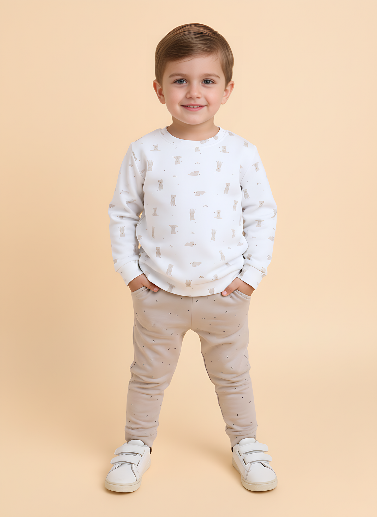 Polka Tots Full Sleeve Bear Print Cotton Co-ord Jogger Set – White