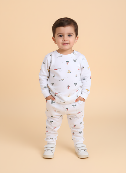 Polka Tots Full Sleeve Sky Adventure Print Cotton Co-ord Jogger Set – White