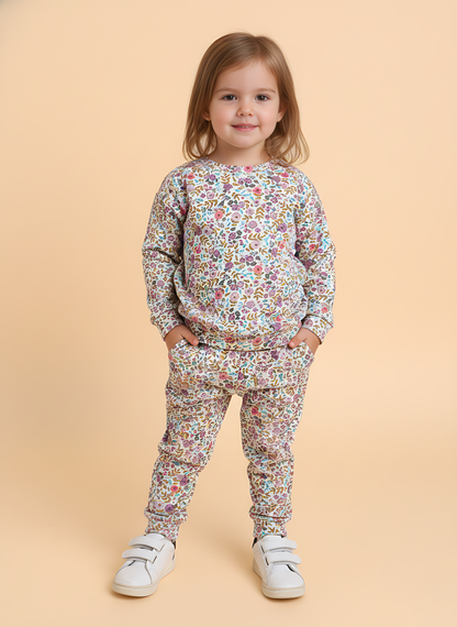 Polka Tots Full Sleeve Blossom Garden Print Cotton Co-ord Jogger Set – Purple