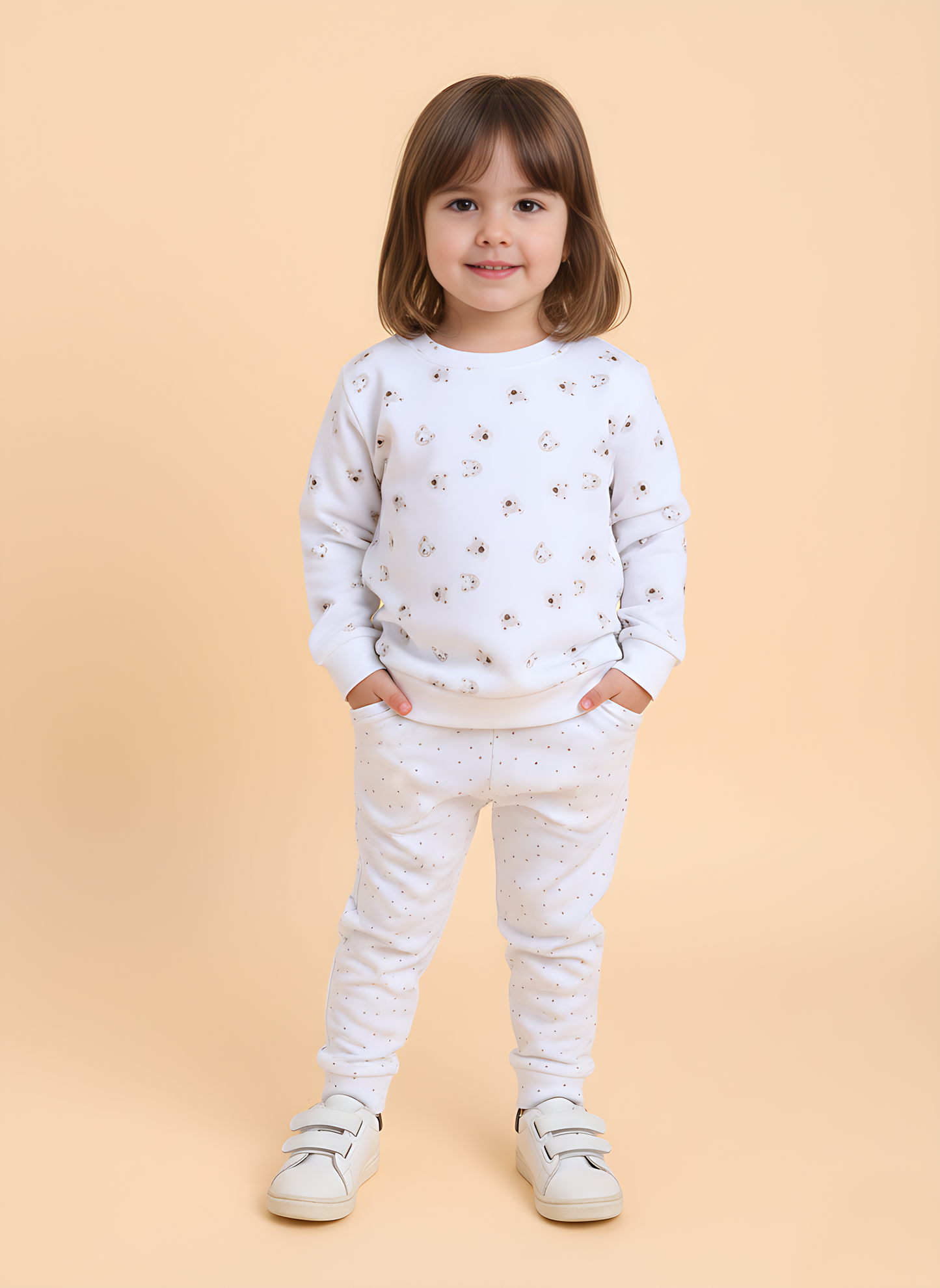 Polka Tots Full Sleeve Teddy Bear Print Cotton Co-ord Jogger Set – White
