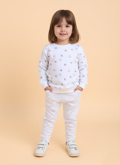 Polka Tots Full Sleeve Teddy Bear Print Cotton Co-ord Jogger Set – White
