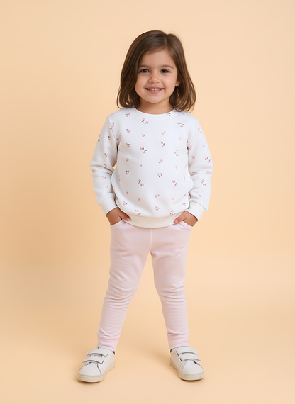 Polka Tots Full Sleeve Flower Print Cotton Co-ord Jogger Set – Pink