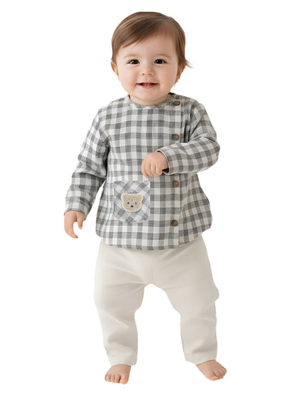 Polka Tots Soft Cotton Full-Sleeves Teddy Pocket Gingham Jhabla & Pant Set - Grey