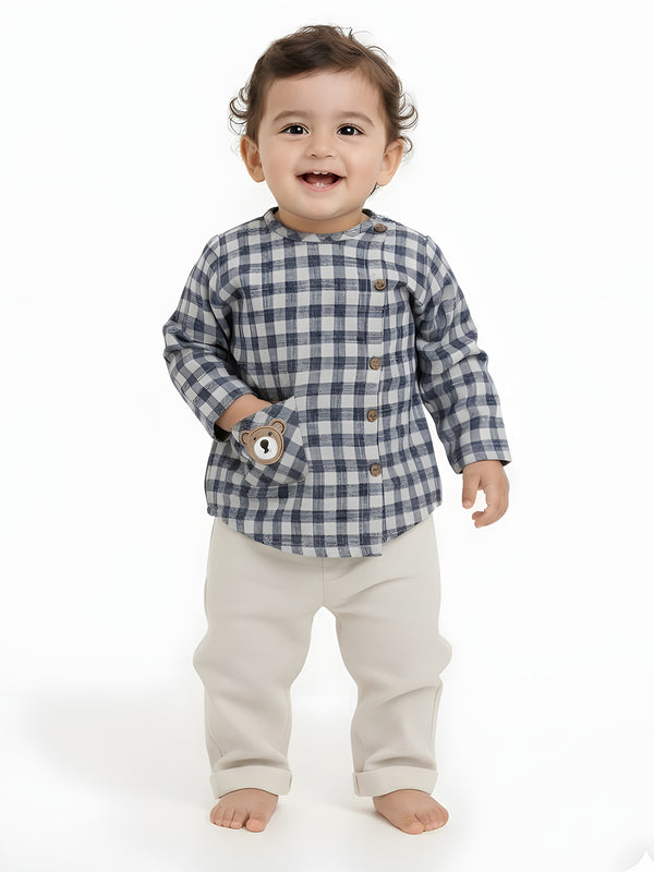 Polka Tots Soft Cotton Full-Sleeves Teddy Pocket Gingham Jhabla & Pant Set - Blue