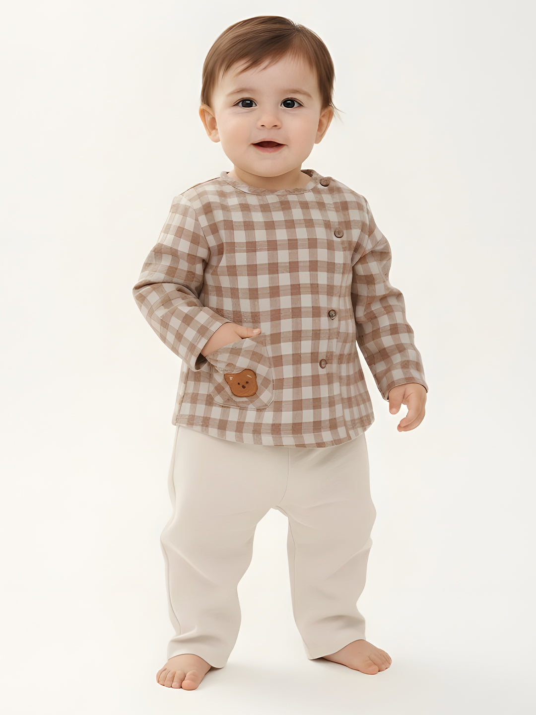 Polka Tots Soft Cotton Full-Sleeves Teddy Pocket Gingham Jhabla & Pant Set - Brown