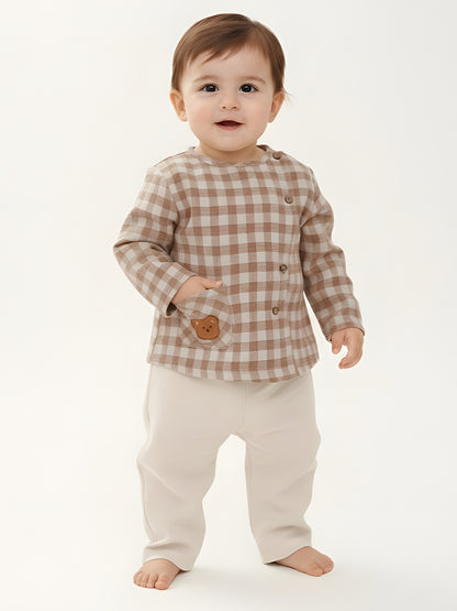 Polka Tots Soft Cotton Full-Sleeves Teddy Pocket Gingham Jhabla & Pant Set - Brown