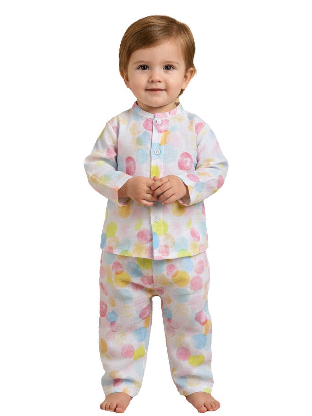 Polka Tots Soft Muslin Cotton Full sleeves Polka Dots print Jhabla and Pant Set - Multicolor