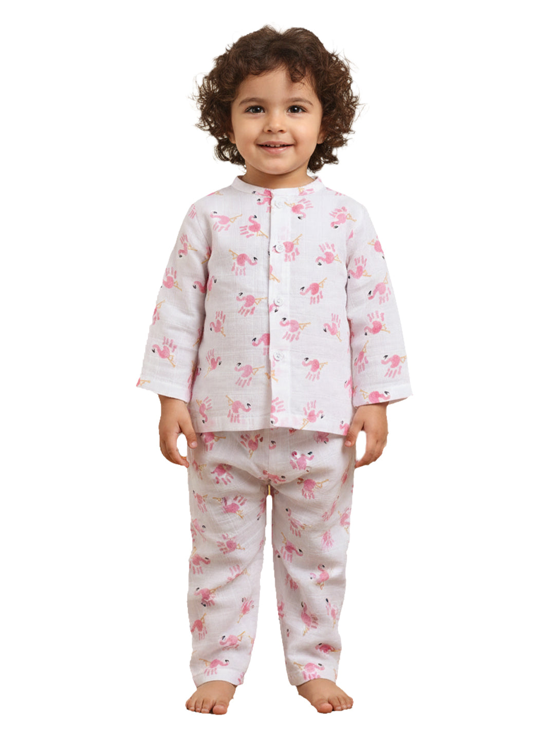 Polka Tots Soft Muslin Cotton Full sleeves Flamingo Fingers print Jhabla and Pant Set - White & Pink