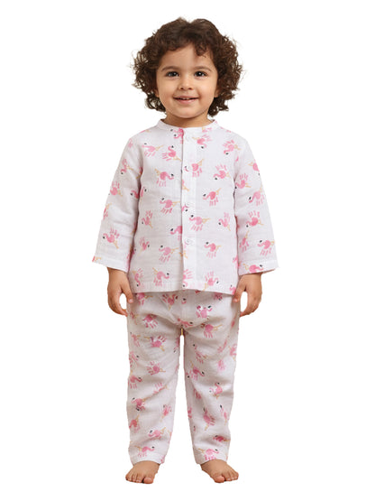 Polka Tots Soft Muslin Cotton Full sleeves Flamingo Fingers print Jhabla and Pant Set - White & Pink