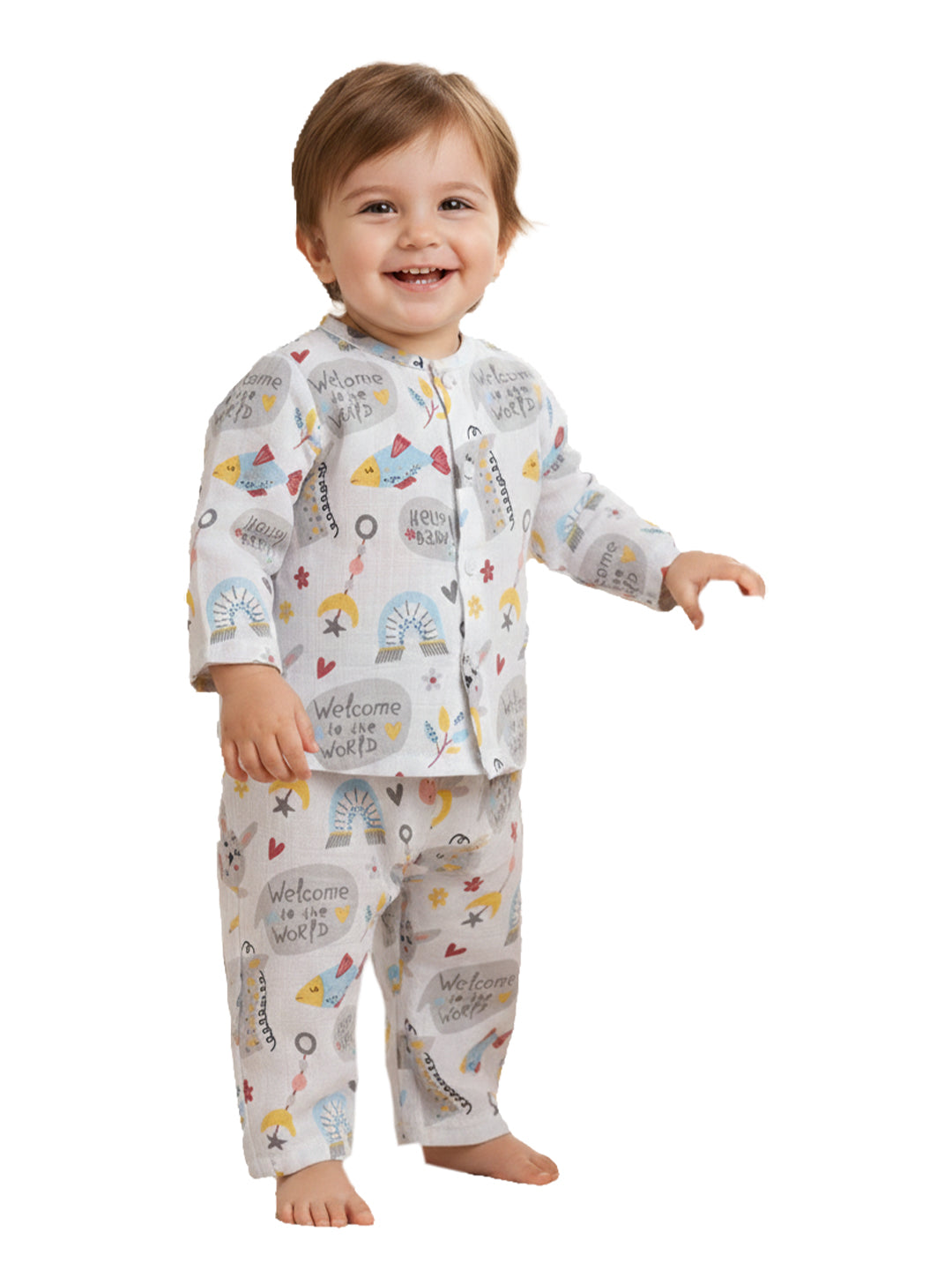 Polka Tots Soft Muslin Cotton Full sleeves Hello Baby print Jhabla and Pant Set - Multicolor