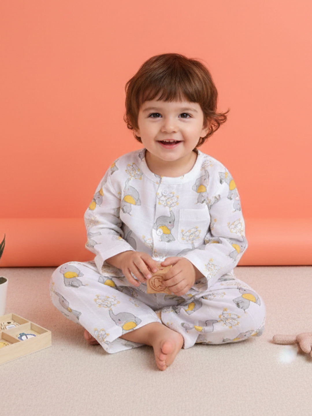 Polka Tots Soft Muslin Cotton Full sleeves Jumbo jr. Jhabla and Pant Set - White