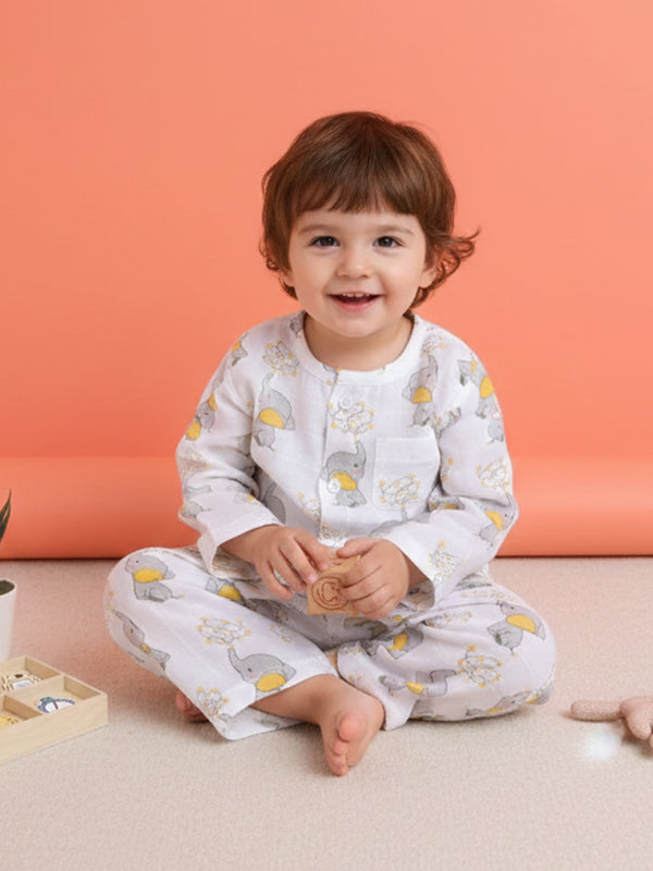 Polka Tots Soft Muslin Cotton Full sleeves Jumbo jr. Jhabla and Pant Set - White