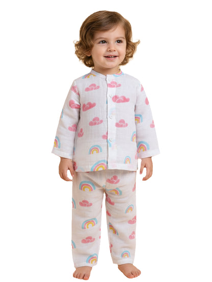 Polka Tots Soft Muslin Cotton Full sleeves Rainbow Mist print Jhabla and Pant Set - Multicolor