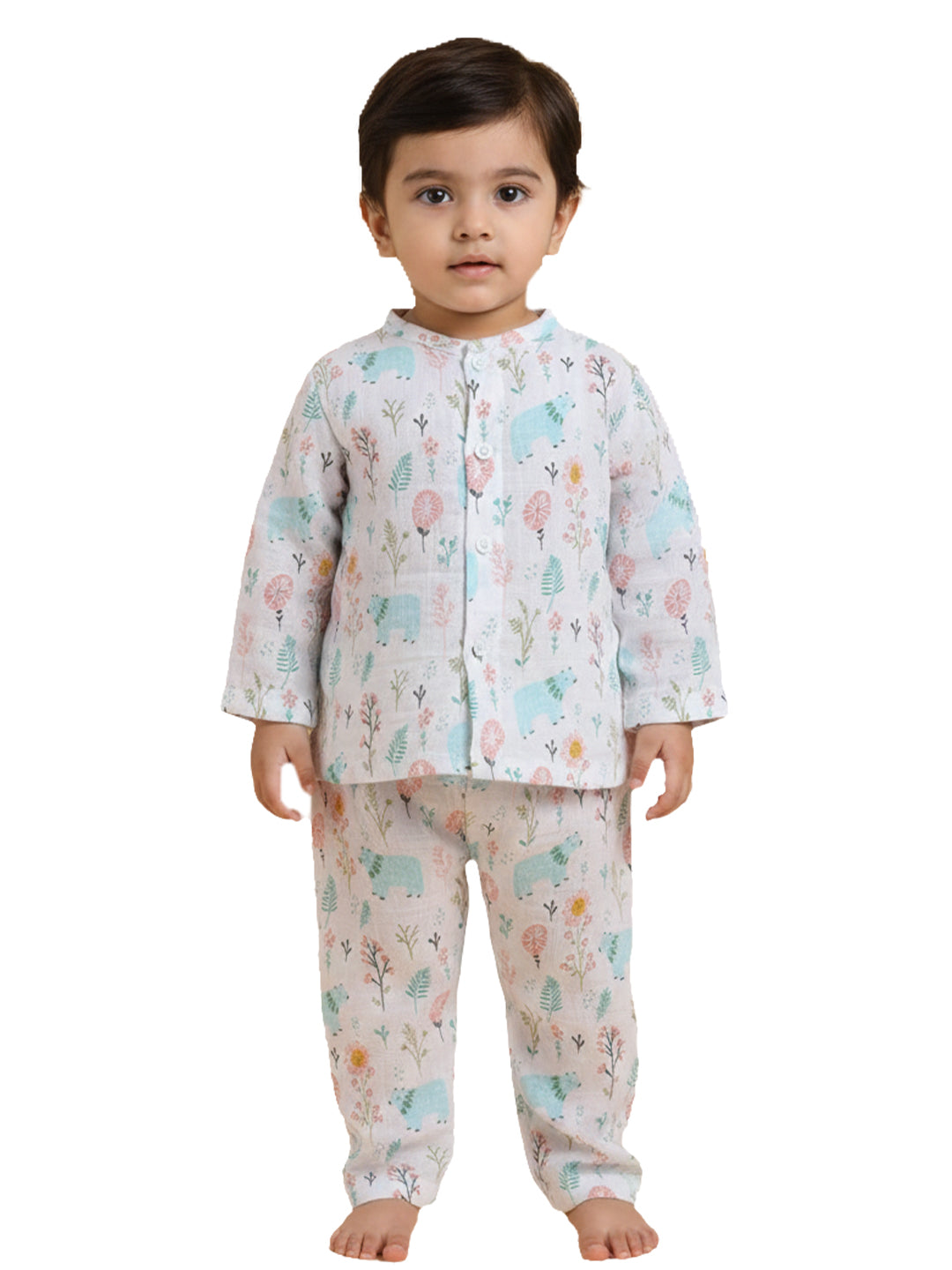 Polka Tots Soft Muslin Cotton Full sleeves Bloomy Bear Print Jhabla and Pant Set - Multicolor