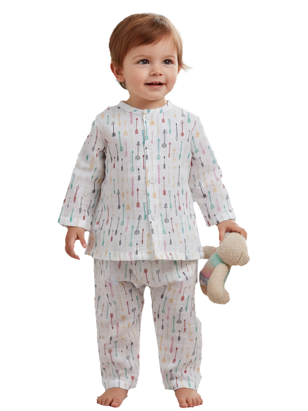 Polka Tots Soft Muslin Cotton Full sleeves Cupid Print Jhabla and Pant Set - Multicolor