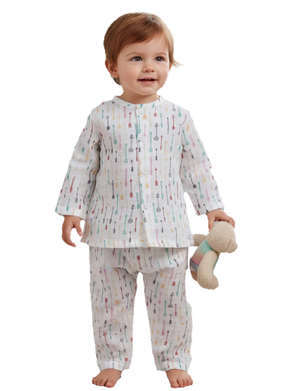Polka Tots Soft Muslin Cotton Full sleeves Cupid Print Jhabla and Pant Set - Multicolor