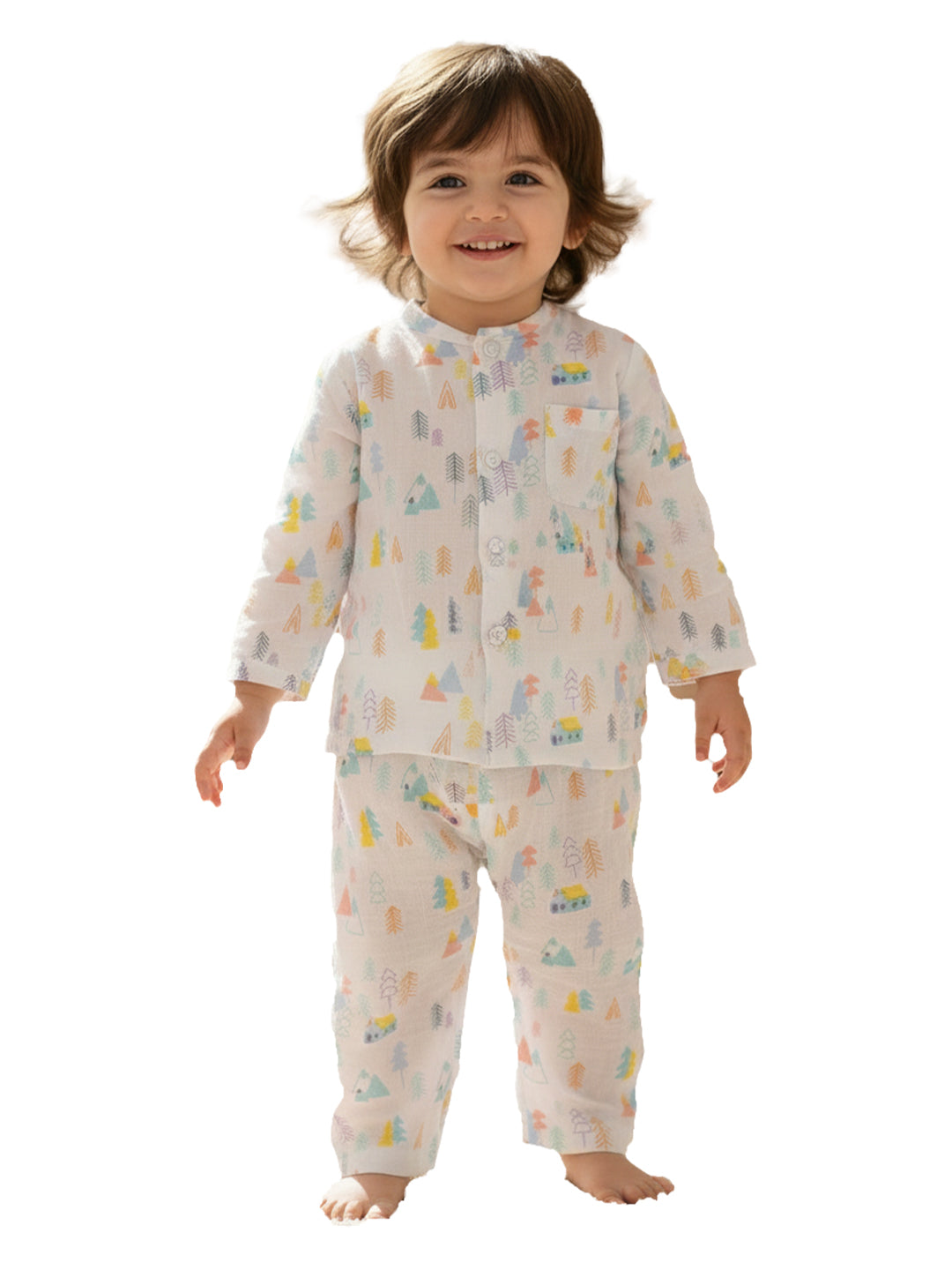 Polka Tots Soft Muslin Cotton Full sleeves Tiny Town Print Jhabla and Pant Set - Multicolor