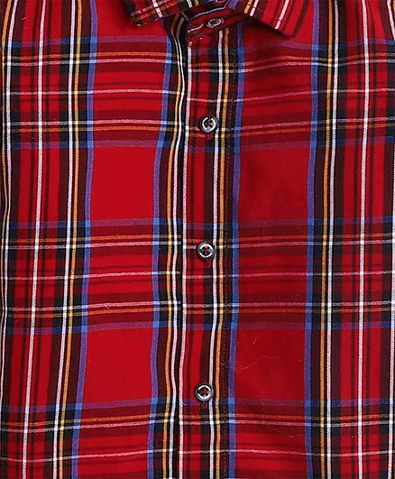 Polka Tots Full Sleeves Elbow Patches Checks Kids Shirt - Red