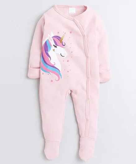 Polka Tots Full Sleeves Folded Mittens Style Unicorn Print Footed Romper - Pink