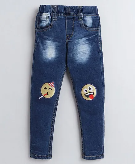 Polka Tots Full Length Emoticon Patch Jeans - Blue