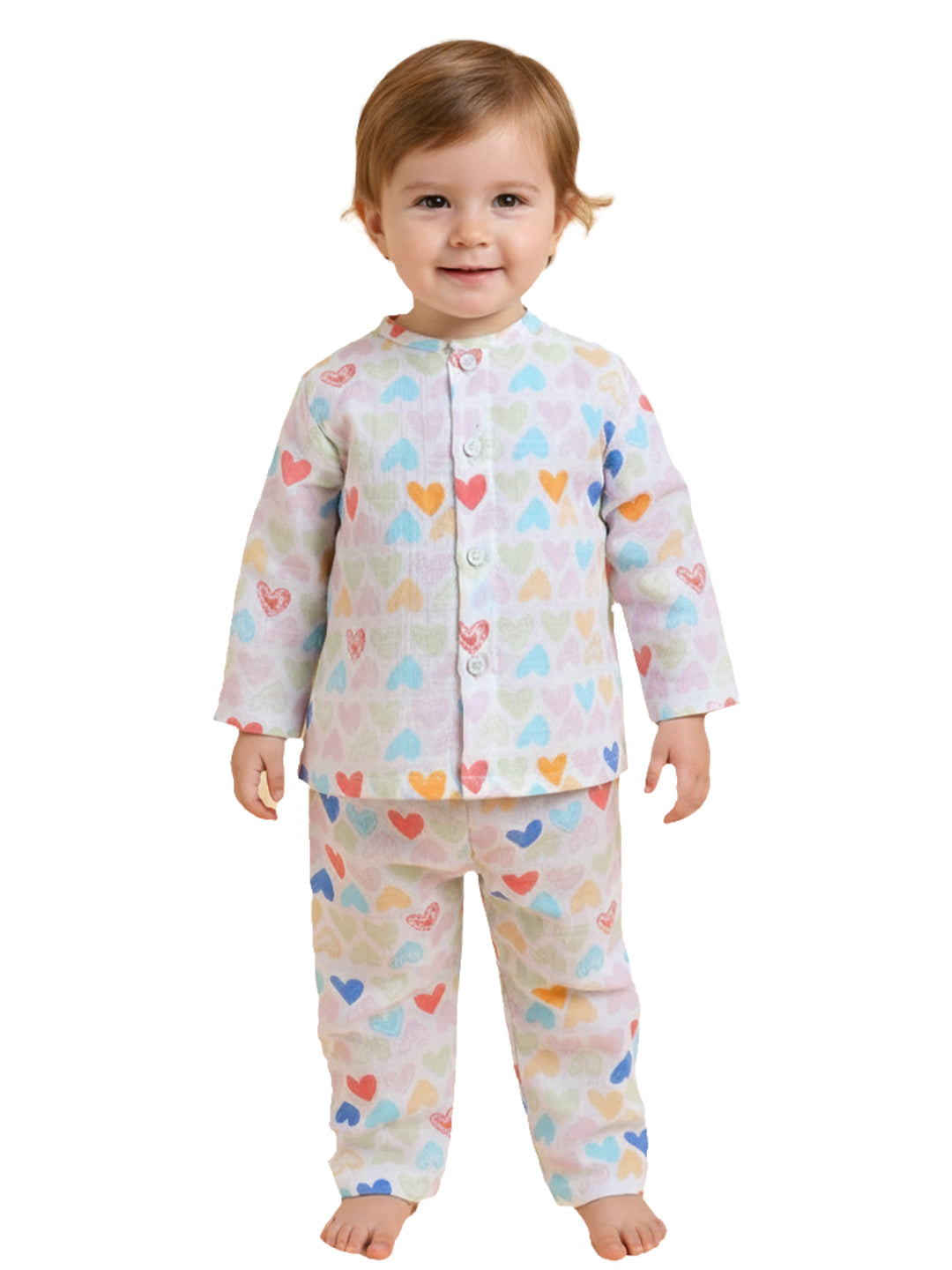 Polka Tots Soft Muslin Cotton Full sleeves Mini Hearts print Jhabla and Pant Set - Multicolor