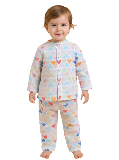 Polka Tots Soft Muslin Cotton Full sleeves Mini Hearts print Jhabla and Pant Set - Multicolor