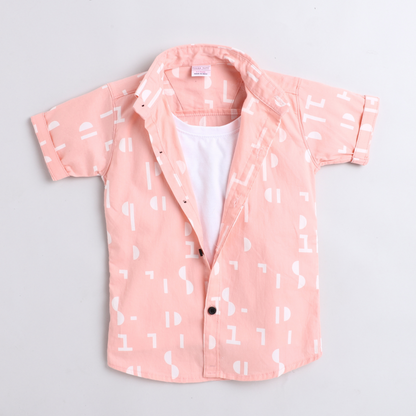 Polka Tots Half Sleeves Abstract Print Shirt With Attached Tee - Peach
