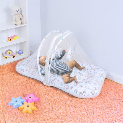 Polka Tots Cotton Baby Bedding Mosquito Net Set with Toys Dangling - Unicorn print White