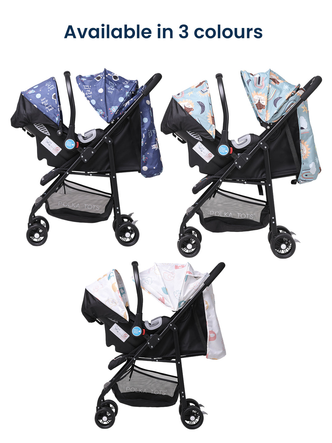 Three baby strollers with car seats in different color patterns on a white background.