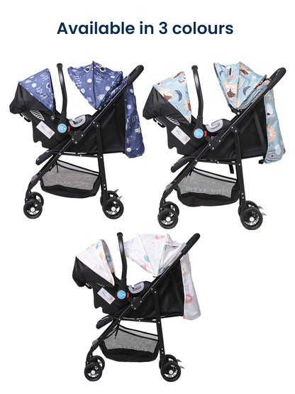 Three baby strollers with car seats in different color patterns on a white background.