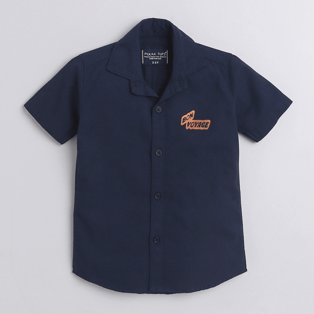 Polka Tots Cotton Regular Fit Half Sleeve Bon Voyage Metallic Print Shirt - Dark Blue