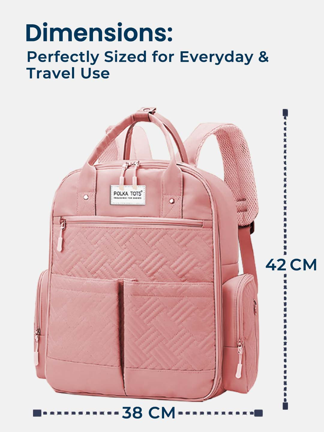 Pink backpack with dimensions labeled on a white background
