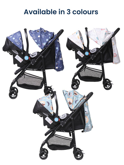 Three baby strollers with patterned covers on a white background, indicating availability in three colors.