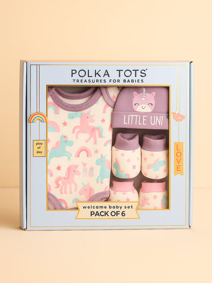 Polka Tots Pack of 6 Unicorn Print Mini Newborn Gift Hamper Set - Lavender