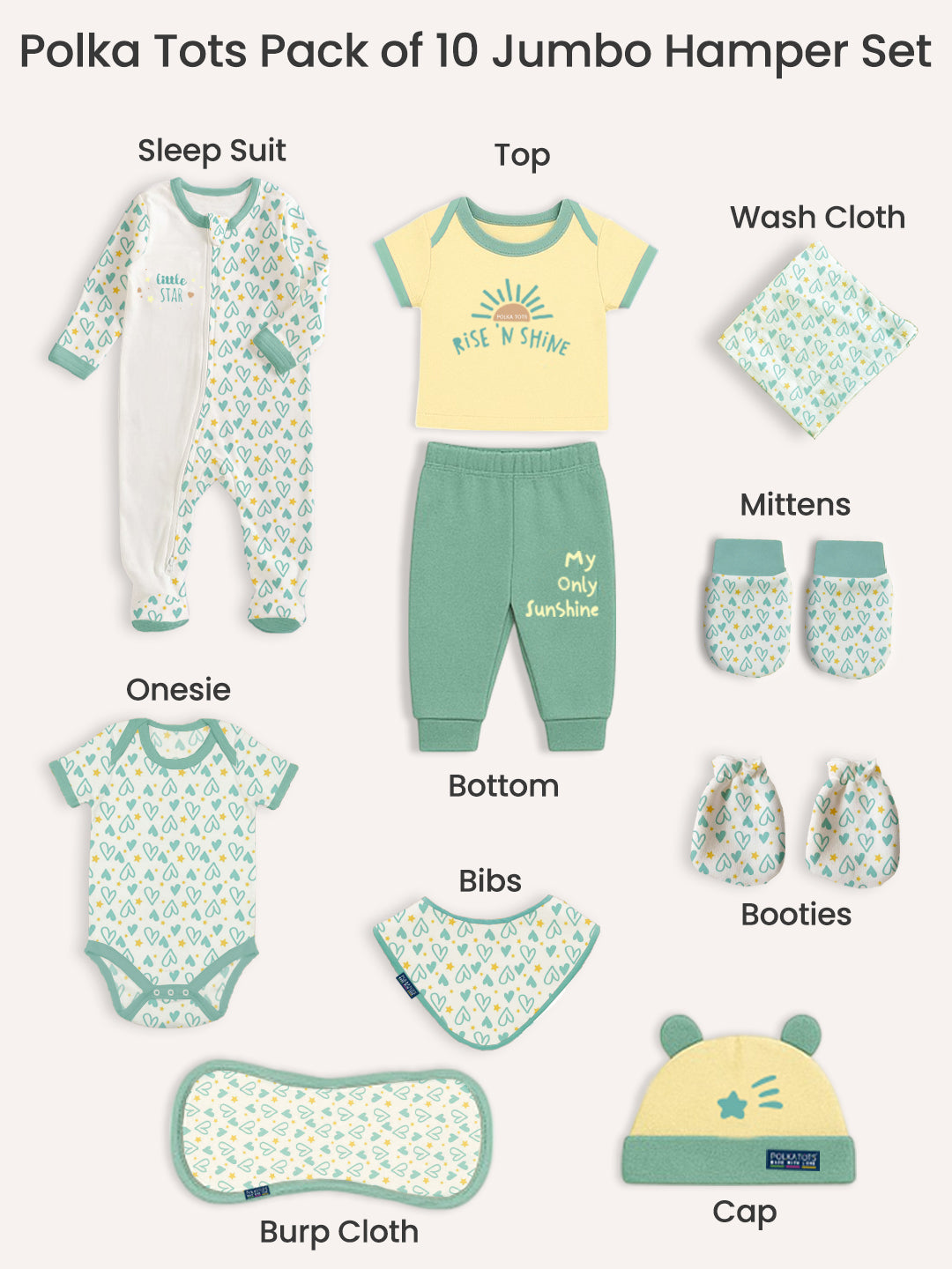Polka Tots Pack of 10 Heart Print Jumbo Newborn Gift Hamper Set - Green