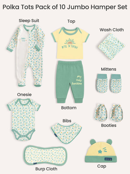 Polka Tots Pack of 10 Heart Print Jumbo Newborn Gift Hamper Set - Green
