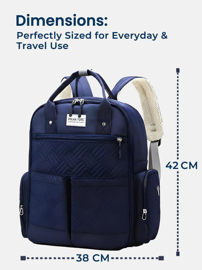 Navy blue backpack with dimensions labeled on a light gray background