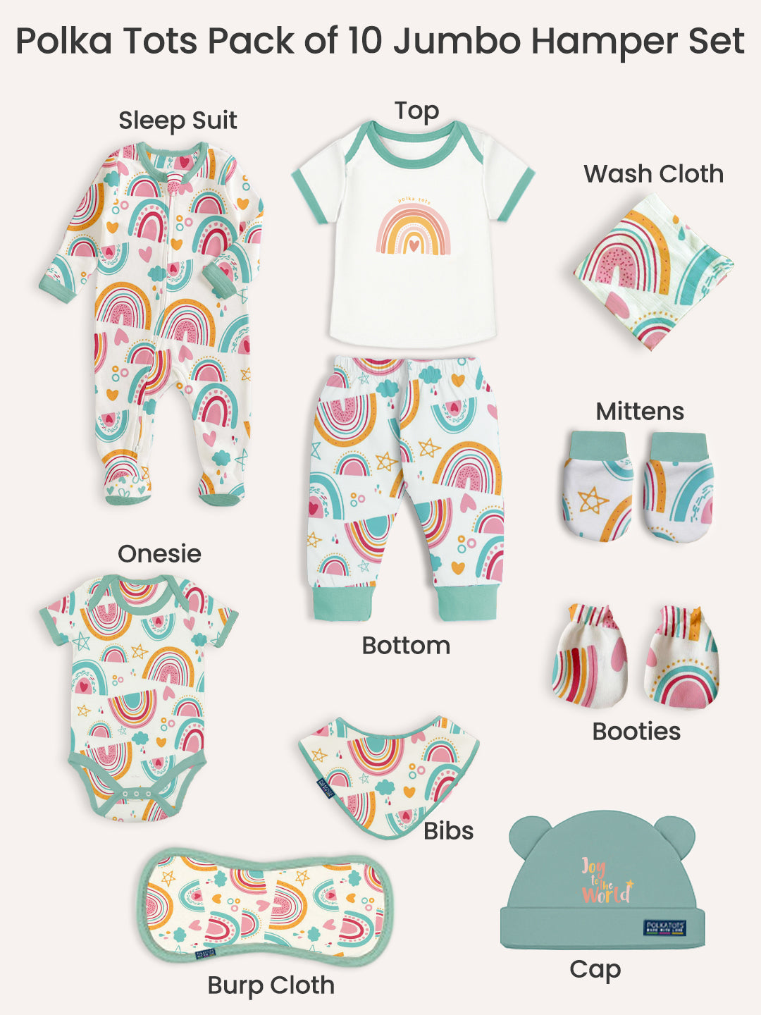 Polka Tots Pack of 10 Rainbow Print Jumbo Newborn Gift Hamper Set - Multicolor