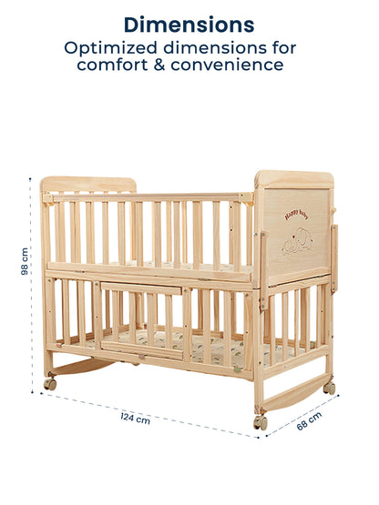Wooden crib with dimensions labeled on a white background