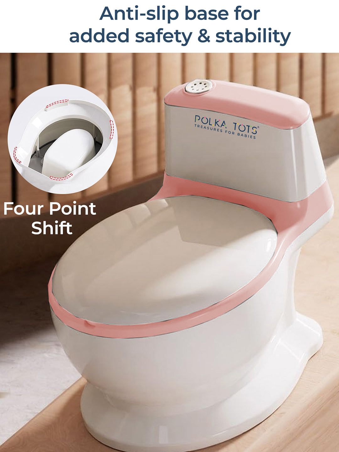 White and pink children's potty seat with anti-slip base and four-point shift feature, branded 'Polka Tots'.