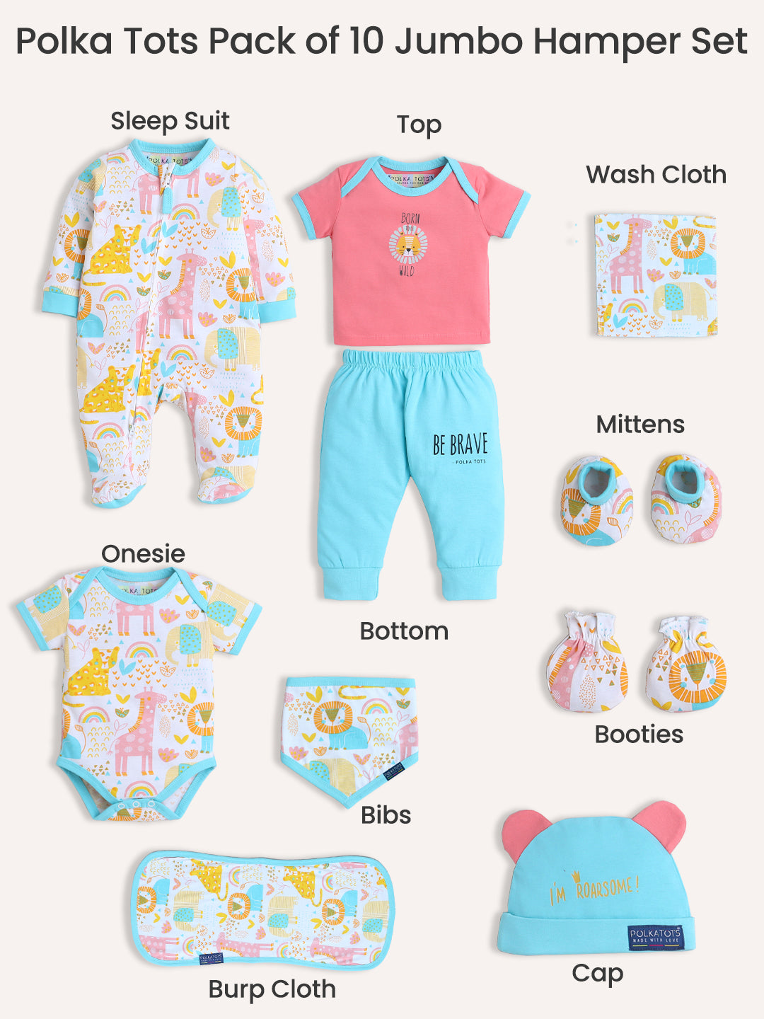 Polka Tots Pack of 10 Jungle Print Jumbo Newborn Gift Hamper Set - Multicolor