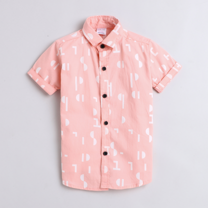 Polka Tots Half Sleeves Abstract Print Shirt With Attached Tee - Peach