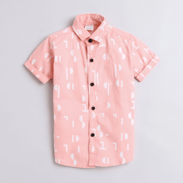 Polka Tots Half Sleeves Abstract Print Shirt With Attached Tee - Peach